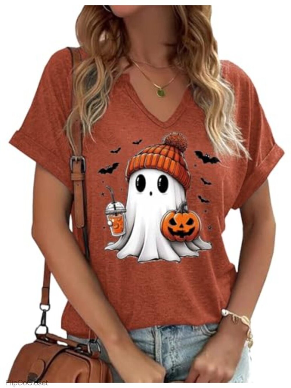 Women's Halloween Ghost Pumpkin V Neck Short Sleeve Graphic Tee